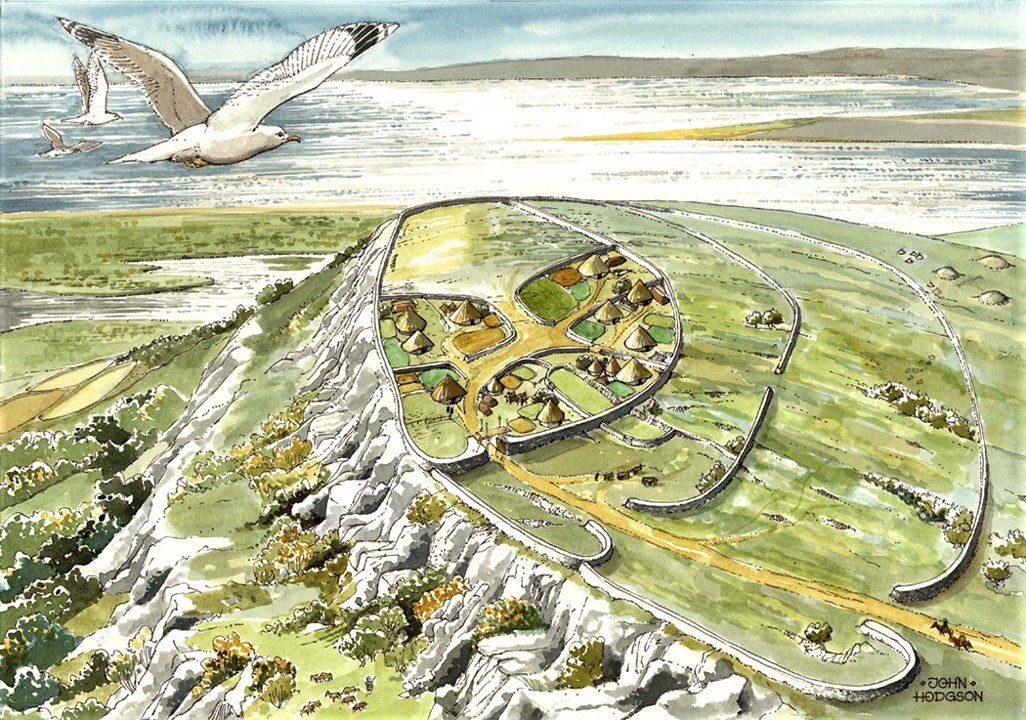 Here’s a stunning  #reconstruction of the 3.2ha multivallate Iron Age Warton Crag  #Lancashire © JohnHodgson  @Arnside_AONB for  #HillfortsWednesday For more of John’s gorgeous archaeological artwork see  http://johnhodgson.uk.com&nbsp;