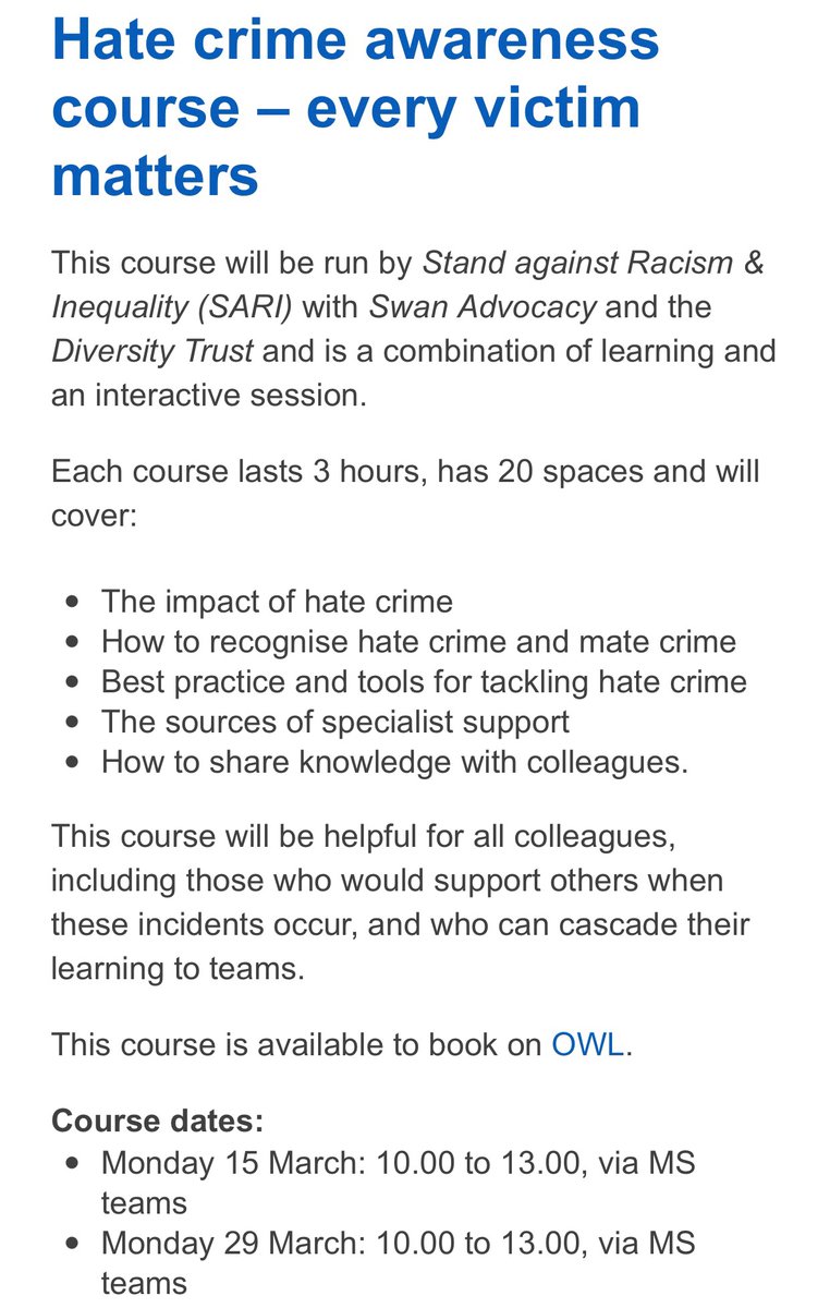 “Hate crime training “opportunities for colleagues <a href="/SomersetFT/">Somerset NHS Foundation Trust</a> 
Please book your spaces via OWL
Look forward to seeing you there 😊 
⬇️⬇️⬇️⬇️⬇️⬇️⬇️⬇️⬇️⬇️