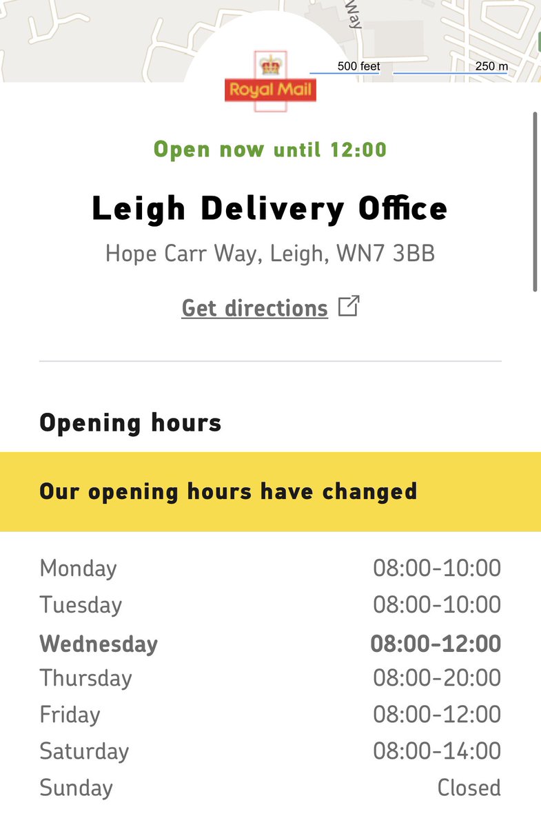 danact96's tweet photo. @RoyalMail @RoyalMailHelp Can you explain why when I go to collect my parcel I’m told the office isn’t open Wednesday even though your websites states it obviously is? https://t.co/1lvGbET6TT