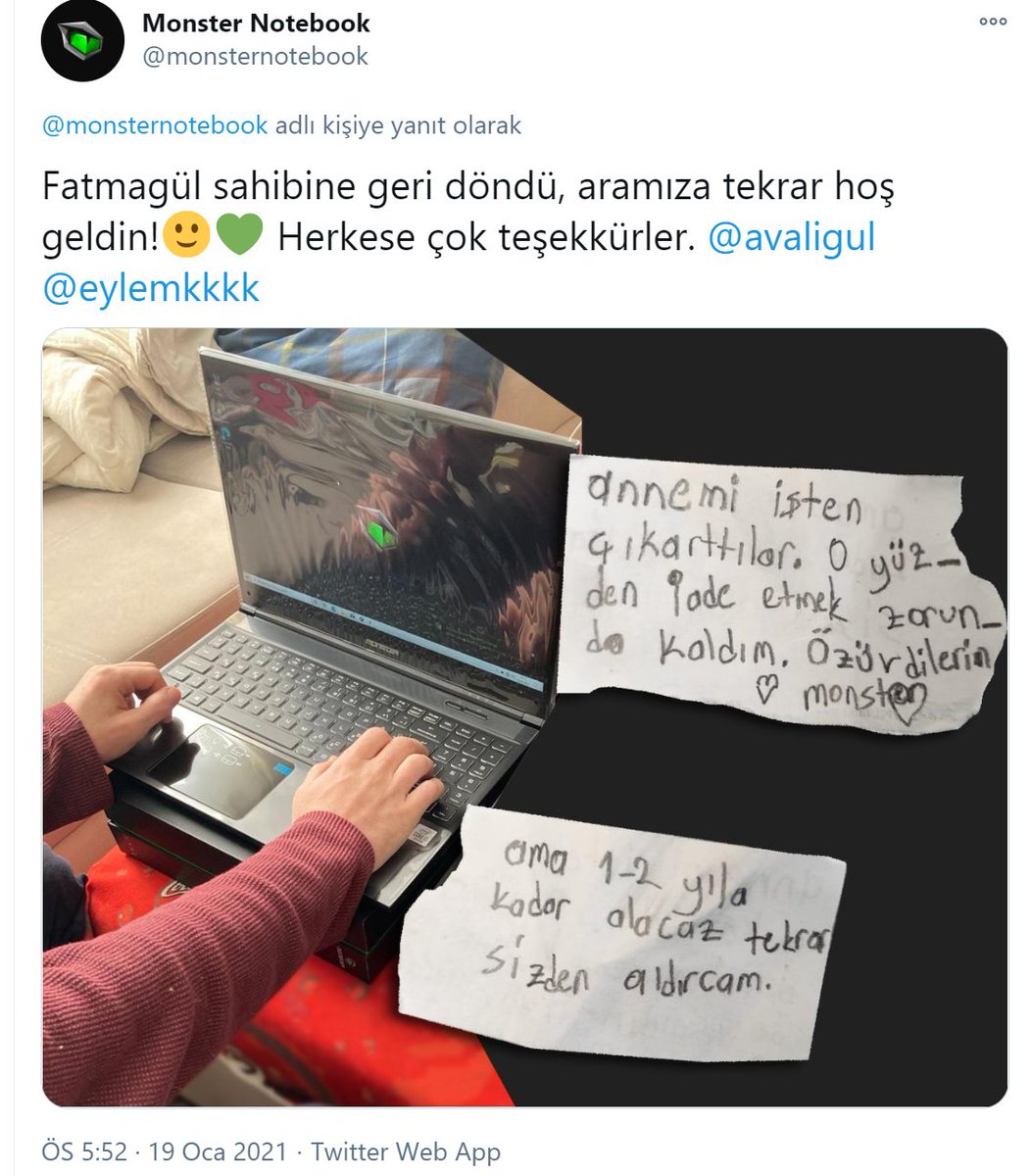 Annesi işten çıkarıldığı için Fatmagül ismini taktığı yeni Monster Notebook'unu geri iade etmek zorunda kalan müşterisine Monster Notebook'un jesti...

Güzellikleri seviyorum, iyiler hep var olsun

Siz bi' harikasınız...

<a href="/monsternotebook/">Monster Notebook</a>