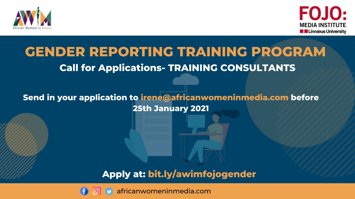 RealAWiM's tweet photo. Applications are still open for Training consultants to develop and train female journalists in our Gender Reporting Training Programe.

To apply, kindly follow this link https://t.co/QzWYTIHIJm

 #gender #inequality #genderequality #media #mediaequality https://t.co/TPOWA1Yd4Z