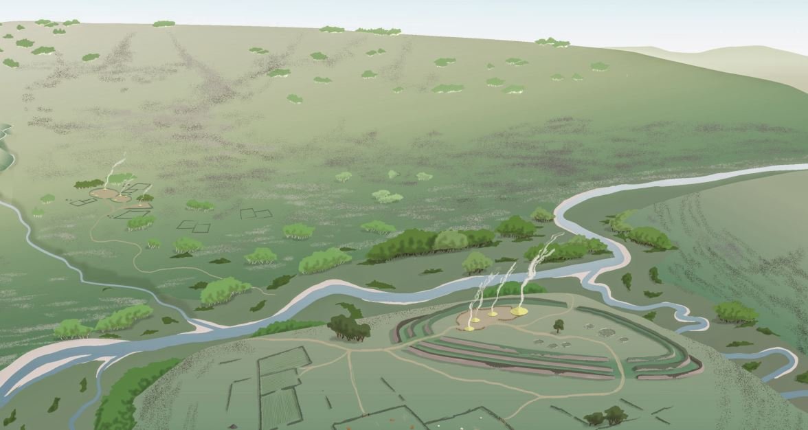 aocarchaeology's tweet photo. Artist's impression of the landscape of Friar's Nose hillfort, at the southern end of the #Whiteadder Reservoir, #EastLothian. Produced for learning resources created as part of the #WhiteadderProject, you'll find them here: https://t.co/sV9XLnHWkP #HillfortsWednesday 1/2 https://t.co/PJunyxDEvP