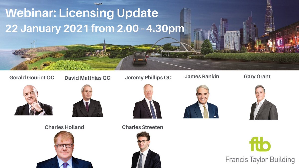 <a href="/FTB_law/">Francis Taylor Building</a> Licensing Update Webinar. Topics include #taxis #gambling and #COVID19 regulations &amp; enforcement.  Speakers: Gerald Gouriet QC, David Matthias QC, <a href="/QcPhillips/">Jeremy Phillips KC</a>, James Rankin, @garygrant1971, <a href="/charlescholland/">Charles Holland</a> &amp; <a href="/CTFStreeten/">Charles Streeten</a>.
Book a free place: ftbchambers-co-uk.zoom.us/webinar/regist…