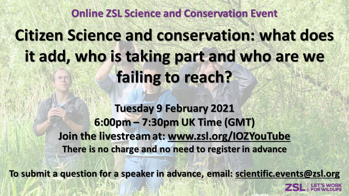 Join our next FREE ONLINE #ZSLtalks event on 9th Feb to learn about #CitizenScience and #Conservation - what does it add, who is taking part and why, and who are we failing to reach? 

Livestreamed to our YouTube channel: zsl.org/IOZYouTube

Info👉zsl.org/science/whats-…