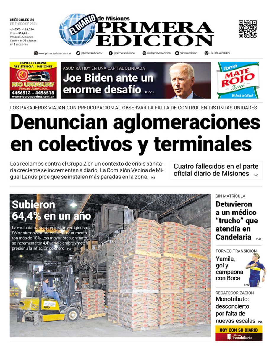 primeraedicionw's tweet photo. #Tapa #diaro #Posadas #Misiones Tapa del Miércoles 20-01-2021 del Diario Primera Edición. https://t.co/GAaT445Smz