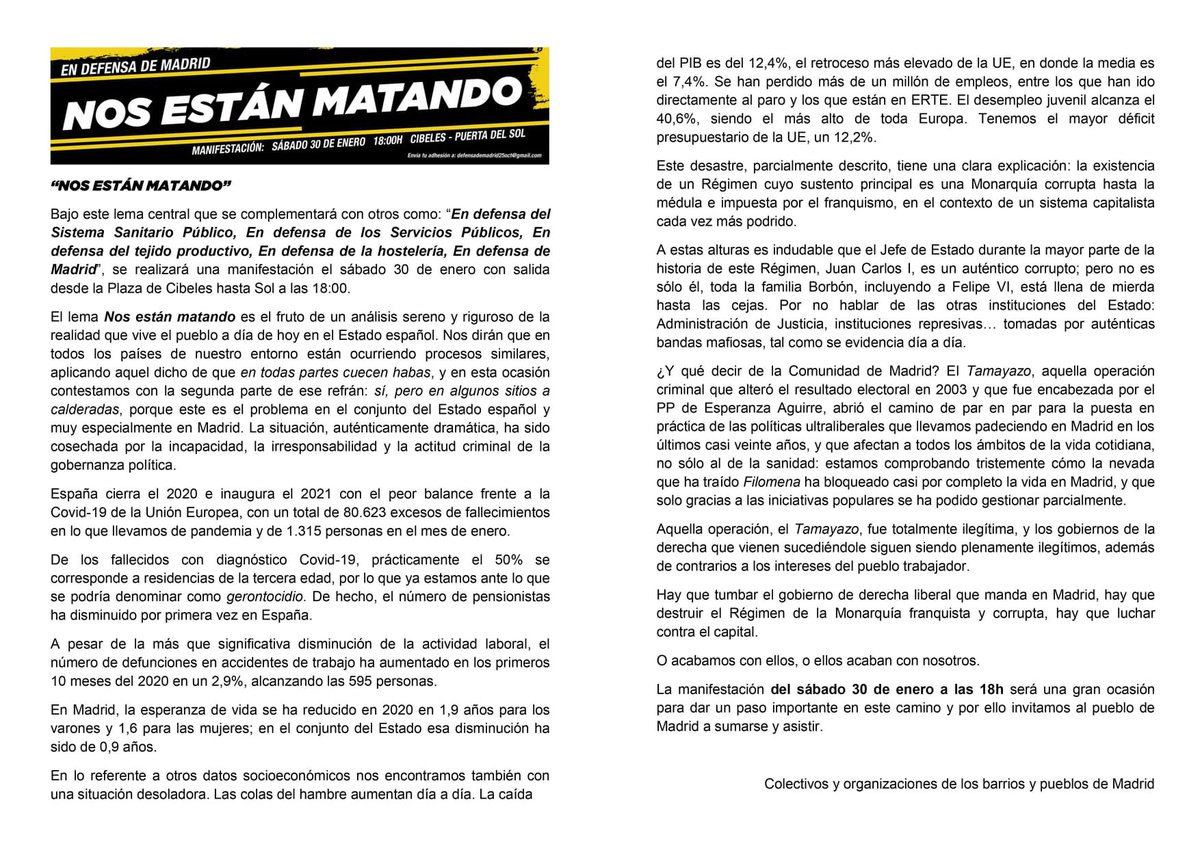 Los barrios y pueblos volvemos a salir a las calles en defensa de los servicios públicos.

⏩ El próximo 30 de enero nos vemos en Cibeles a las 18:00h.

‼️EN DEFENSA DE MADRID‼️

#NosEstánMatando30E