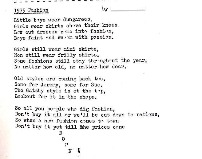Sesc_Cam's tweet photo. Today in #SchoolSlang - the 1⃣9⃣7⃣0⃣s 

Here we have one poem by a pupil from Wyvern School in 1975, written for 'all you people who 𝘥𝘪𝘨 fashion' ✨

And three tributes to music of the '70s, featuring a punk rock granny, and Leo Sayer 🧷

#FromTheArchives #1970s #70schild https://t.co/KFV09teIPR