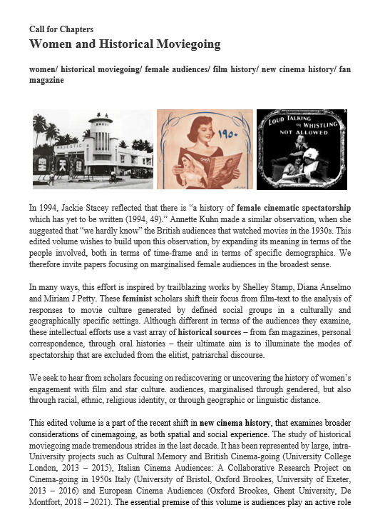 agatafrymus's tweet photo. CALL FOR CHAPTERS: Looking for contributors for an edited volume on Women and Historical Moviegoing (edited by me and @aladyofchance). If you work on film history/ female audiences/ fan magazines/ feminist perspectives in film history, this might be of interest! https://t.co/rXTdTRhQAp