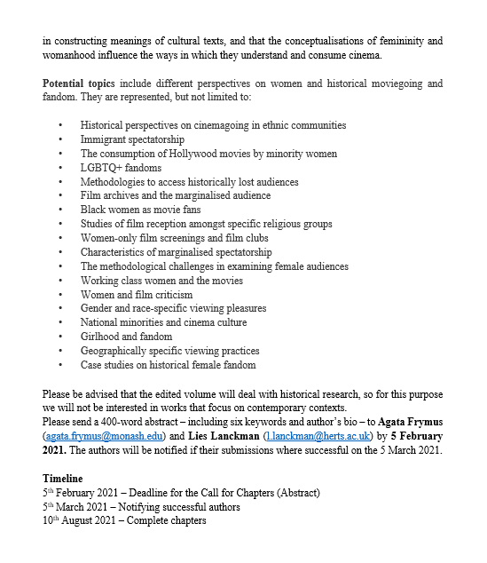 Agata Frymus (@agatafrymus) on Twitter photo CALL FOR CHAPTERS: Looking for contributors for an edited volume on Women and Historical Moviegoing (edited by me and <a href="/aladyofchance/">Dr Lies Lanckman 🏳️🌈</a>). If you work on film history/ female audiences/ fan magazines/ feminist perspectives in film history, this might be of interest! CALL FOR CHAPTERS: Looking for contributors for an edited volume on Women and Historical Moviegoing (edited by me and <a href="/aladyofchance/">Dr Lies Lanckman 🏳️🌈</a>). If you work on film history/ female audiences/ fan magazines/ feminist perspectives in film history, this might be of interest!