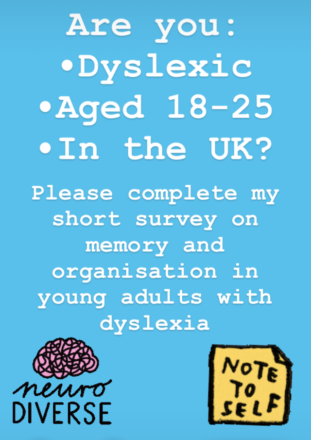 milne_libby's tweet photo. I'm researching memory and organisation in young adults with #dyslexia. I am struggling to find dyslexic participants. If you are aged 18-25, #dyslexic and in 🇬🇧 please take part!
#dyslexiaInAdults #UniversityCollegeLondon #UCL #InstituteOfEducation #IOE
https://t.co/3Ipgfk2cG2 https://t.co/steTJ21hcB