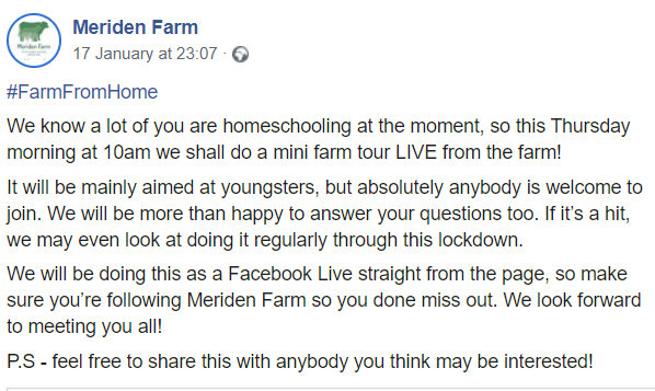 GosfordPrimary's tweet photo. Meriden Farm are doing a mini farm tour live Thursday morning at 10am on their Facebook page. Take a look below for more details #FarmFromHome #MeridenFarm https://t.co/CKbrbywHx3