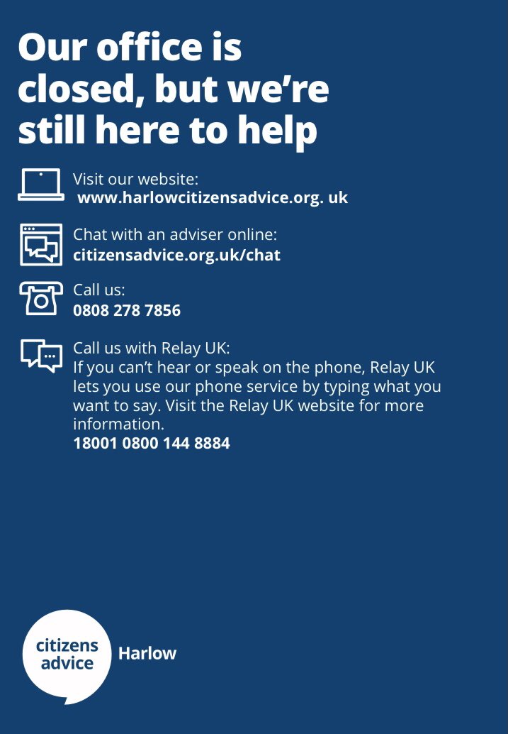 Good Morning #Harlow.
We are now offering face to face appointments via video call. To book a video call appointment send an email to supervisors@harlowcitizensadvice.org.uk