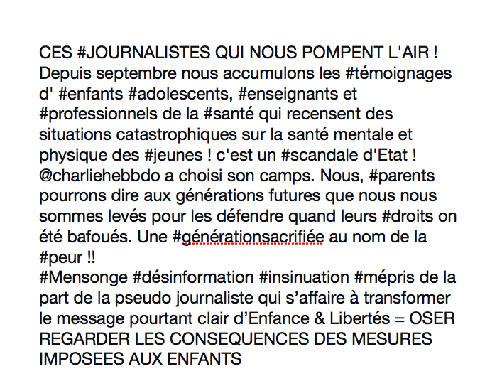 NeaBadi's tweet photo. @Charlie_Hebdo_ CES #JOURNALISTES QUI NOUS POMPENT L'AIR ! #témoignages #enfants #adolescents #enseignants #professionnels #santé qui recensent des cas catastrophiques pr nos  #jeunes #scandale 
@DevandaNatacha
 #propagandesanitaire #LaissezRespirerNosEnfants
@charliehebbdo
 #générationsacrifiée https://t.co/4e6WrmUf7Q