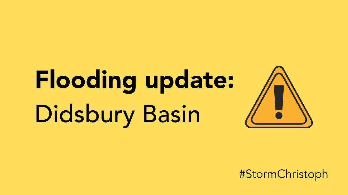  Flooding update Parts of the city around the River Mersey - Didsbury Basin in particular - are at risk of flooding if water levels continue to rise.  #StormChristophThe safety of our residents is our #1 priority & we're working with GMP & the Environment Agency.1/8