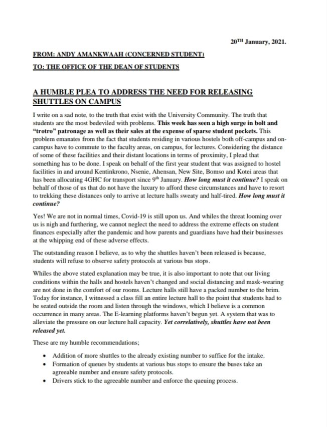 _teamhubs_'s tweet photo. A concerned student, Andy Amankwah has called on the Dean of Students to address the release of shuttles on campus.
#thehubmedia https://t.co/0LxrX3XBw1