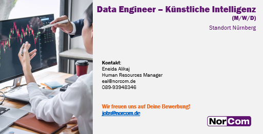 NorComAG's tweet photo. Für unsere Niederlassung in Nürnberg suchen wir ab sofort Data Engineers mit Fokus auf Machine Learning / NLP.
Bewirb Dich unter Einsendung Deines CVs unter jobs@norcom.de. Weitere Informationen auf https://t.co/aNI6TI2qBk https://t.co/Q7rauA9Nac