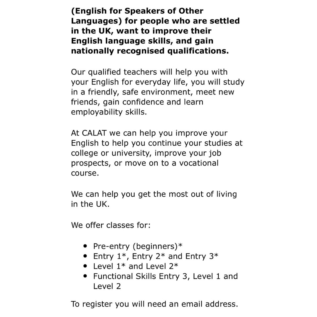 NorthCroydonCC's tweet photo. CALAT (Croydon Adult Learning and Training) are offering an ESOL course (English for Speakers of Other Languages) which could be free depending on your household income.
.
https://t.co/Oe8SOTiQNp
.
.
#calat #croydon #freecourse #esol #languagecourse #adultlearning https://t.co/cdByqtVVeb