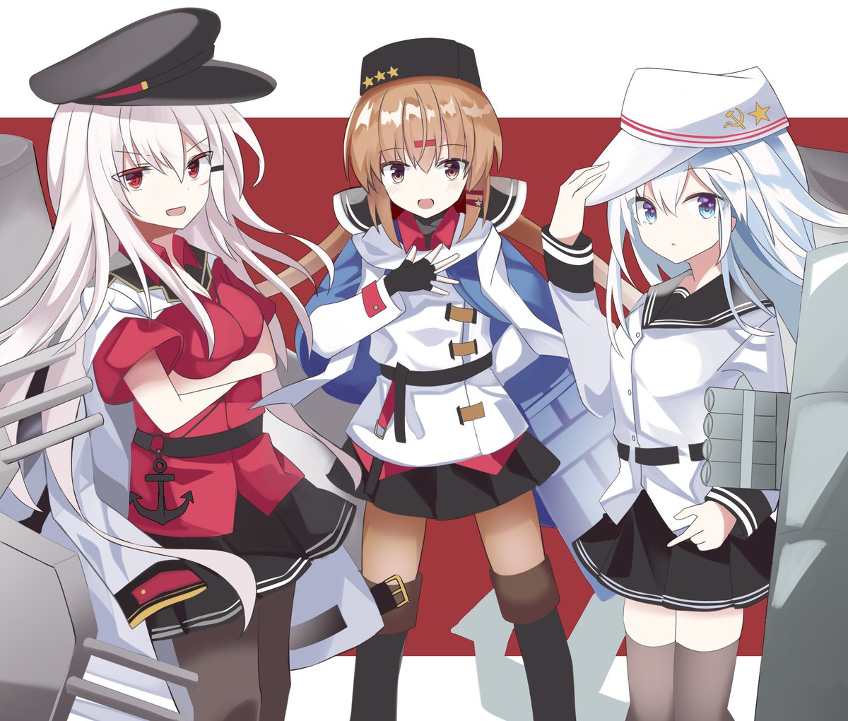 gangut (kancolle) ,hibiki (kancolle) ,tashkent (kancolle) ,verniy (kancolle) papakha hat multiple girls brown hair fur hat 3girls skirt  illustration images