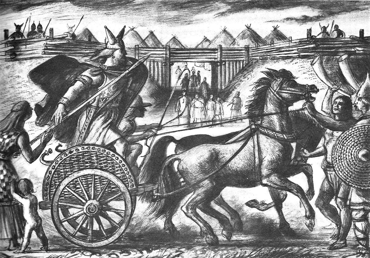 Like all  #reconstruction pictures by the great Alan Sorrell, we LOVE this evocative 1967 image of *A Celtic Warrior and War Chariot* (although the universal use of horned head gear is a tad questionable) in the entrance way to an unnamed Iron Age enclosure #HillfortsWednesday