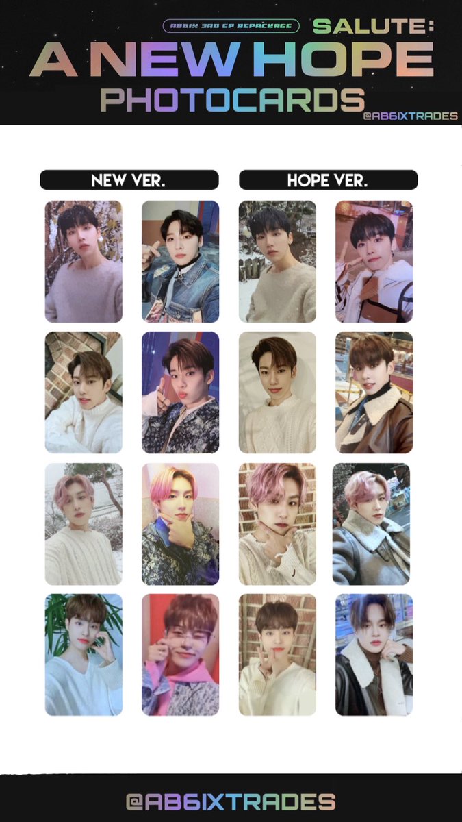 ab6ixtrades's tweet photo. 에이비식스 포카리스트
Ab6ix Salute: A New Hope photocard list template 
 #에이비식스 #전웅 #김동현 #박우진 #이대휘 #ab6ix #woong #donghyun #woojin #daehwi https://t.co/YhhxT4Unpc