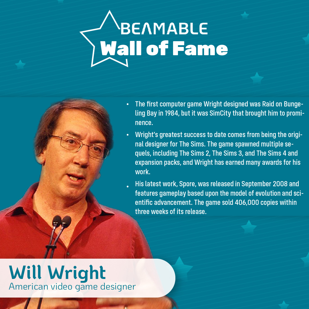Beamable's tweet image. Wall of Fame Wednesday with Will Wright! He's our #gamedevlegend this week! He’s an American #gamedev who co-founded Maxis, and then part of EA. Later, he left EA to run Stupid Fun Club Camp, an entertainment think tank! #gameinspiration #gamedevlife #gamedev #enjoymakinggames