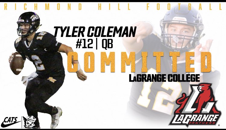 12_TylerColeman's tweet photo. After a great talk with @Coach_Ruth01 I am very excited to announce my commitment to LaGrange College. @RHHSFootball @CoachScott0607 @MattLeZotte @PatrickMeans19 @CoachRobinsonRH @CoachFlan10 @CoachEChambers @LCPanthers_FB #manup #onemore https://t.co/KZKBfe9Frl
