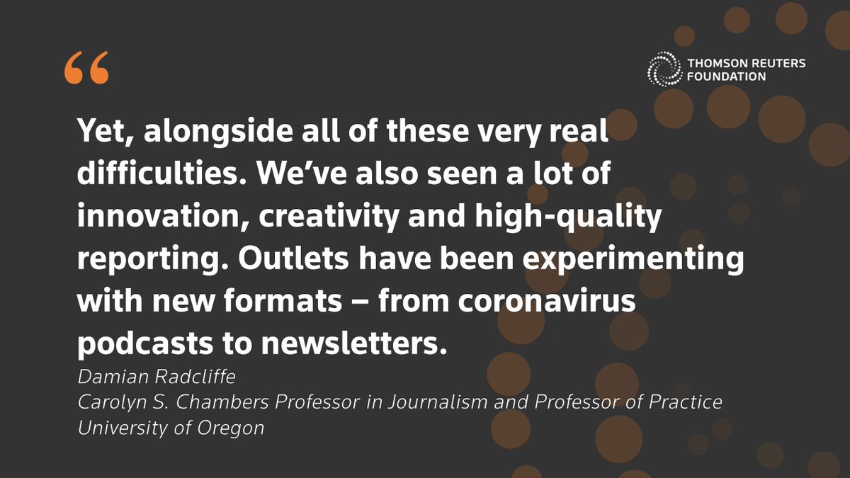  @damianradcliffe, Carolyn S. Chambers Professor in Journalism & Professor of Practice at the University of Oregon, says innovation is key to addressing the challenges. Including:- New formats- Partnerships- Accountability reportingRead more: http://covid-report.trust.org/&nbsp;