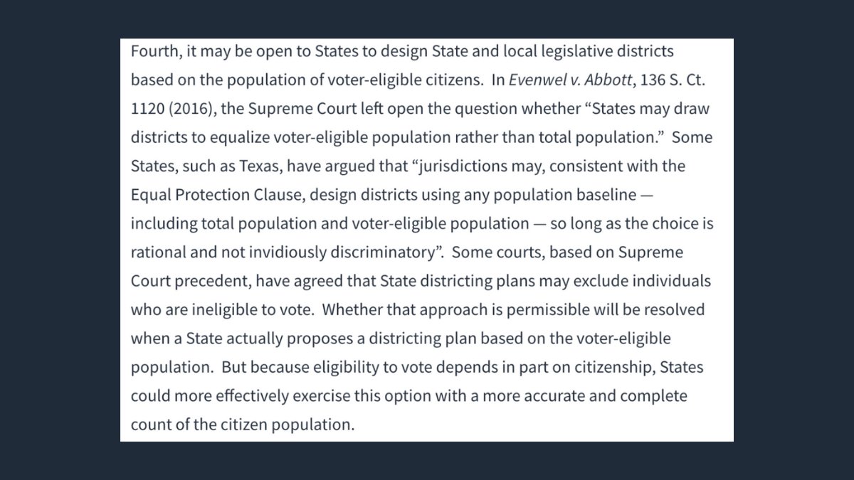 After  #SCOTUS found the Trump admin’s effort unlawful, Trump issued an executive order to compile administrative records that he could provide to states in order to manipulate state districting boundaries, further exposing his true intent behind adding the citizenship question.