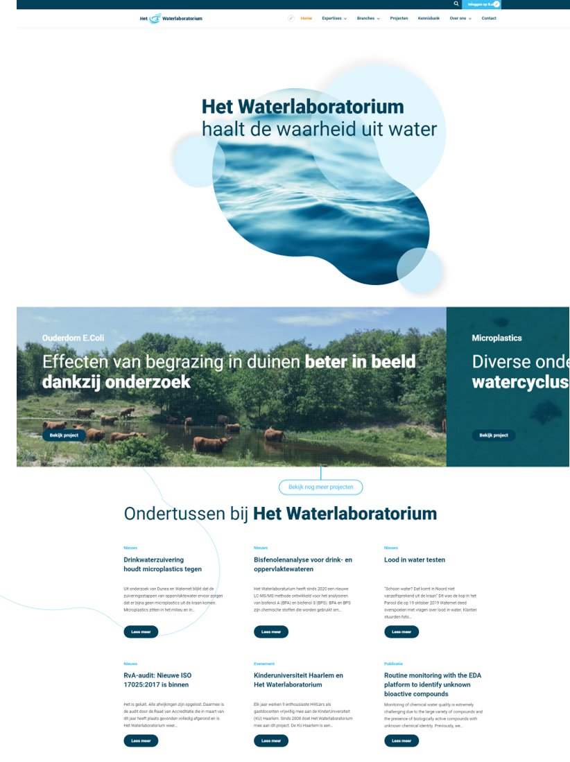 Met trots presenteren wij onze nieuwe website in onze  nieuwe huisstijl. Het laatste nieuws, onze unieke expertises en mooie projecten waarmee we u willen inspireren tot nieuwe samenwerkingen.
Neem snel een kijkje op het vertrouwde adres: hetwaterlaboratorium.nl