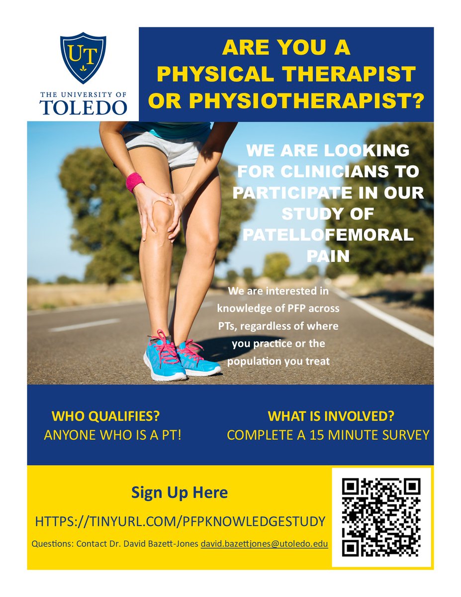 DrBazettJones's tweet photo. PTs &amp; Physios: Please participate in this 15-minute survey on knowledge of patellofemoral pain &amp; its management. Open to anyone, anywhere! https://t.co/u2nRlLUax2 RTs are appreciated.

Collaboration w/ @rwilly2003 @LisaHoglund1 @NealGlaviano &amp; #LoriBolgla https://t.co/ksmyQoOcsg