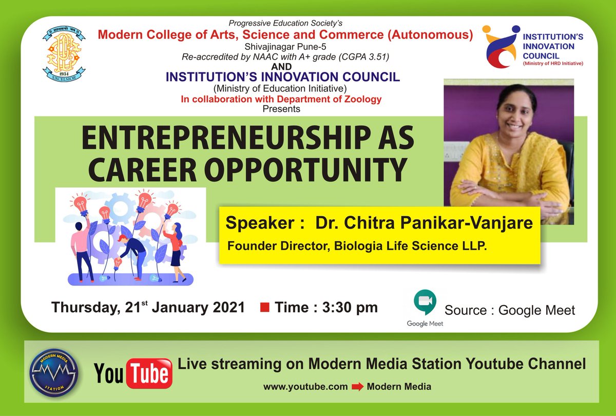 iic_05's tweet photo. Join us for a session on Entrepreneurship as career opportunity, By Dr. Chitra Panikar- Vanjare, Founder and CEO, Biologia Life Science LLP.
The event will be streamed live on official YouTube channel of College- Modern Media Station
https://t.co/R1T8Hg9nzr
@mhrd_innovation https://t.co/PJkpphTASG