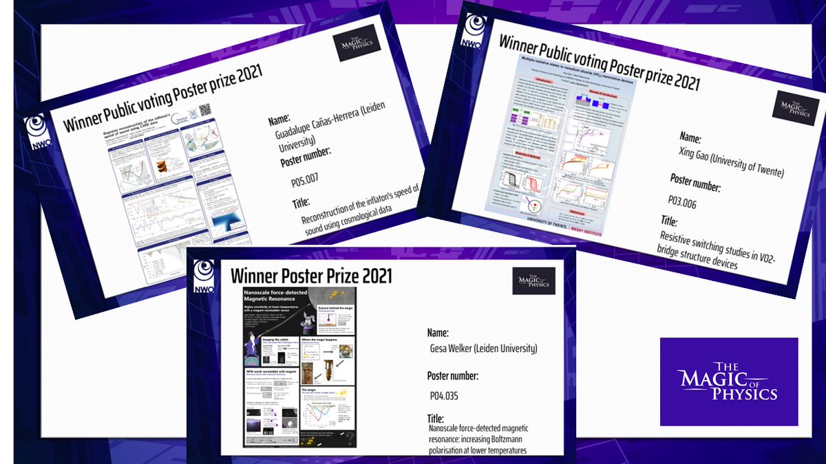 NWO_Science's tweet photo. #physics | Congratulations to best Poster Prize winner Gesa Welker @UniLeiden and Public voting Poster Prize winners Guadalupe Cañas-Herrera @UniLeiden and Xing Gao @UTwente #dutchphysics #magicofphysics https://t.co/xFQIot4pi0