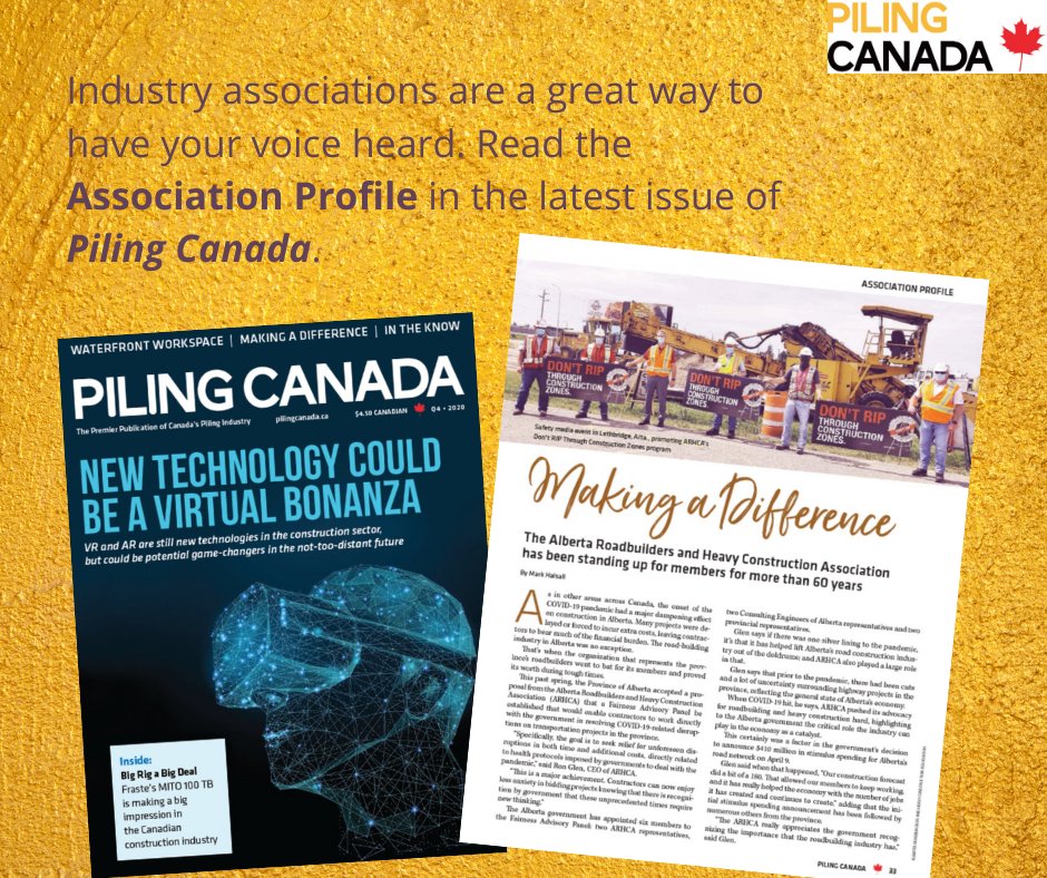 PilingCanada's tweet photo. We introduced a new column in our Q4 2020 issue: Association Profiles. Click below to learn more about @AB_Roadbuilders!
https://t.co/6iGUViOtGU
#ConstructionAssociations #DeepFoundations #CdnDeepFoundations #CdnConstruction #IndustryAssociations #ConstructionSafety https://t.co/hPOFDzfDTp