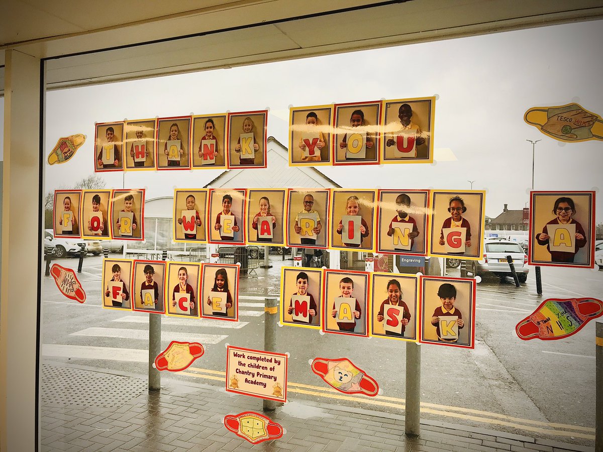 KarenLinley_'s tweet photo. Huge THANK YOU to @chantryprimary for all your amazing artwork. It is all displayed in our foyer @Tesco Dunstable. We love it! Some brilliant poems and #facemask designs 😷 The children’s photos on the banner so lovely 😊 @murphy_lee01 @Samsanderson10 @tesconews https://t.co/mGfbpNtYsE