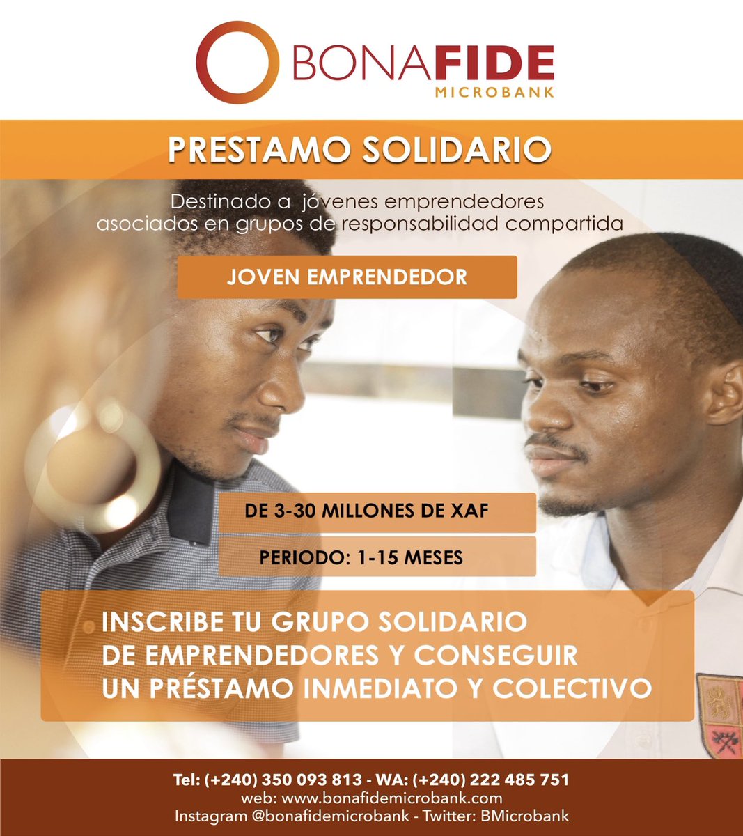 Si eres un joven emprendedor, con Bonafide puedes conseguir un préstamo para lograr realizar tus metas. Solo tienes que inscribirte en un grupo de emprendedores y conseguirás y préstamo colectivo e inmediato. Para más info, llama al +240350093813 #emprendimiento #GuineaEcuatorial
