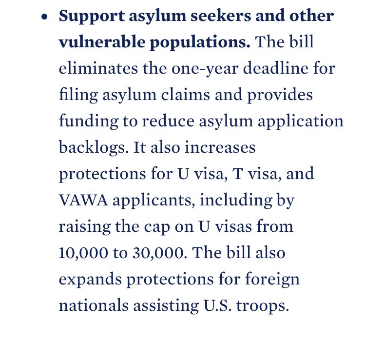 9/ Eliminate the one-year deadline for filing asylum applications & addressing asylum backlogs (a huge help for pro se asylum seekers). And increases the U visa cap from 10,000 to 30,000, addressing the near 10-yr backlog for U visa applicants.