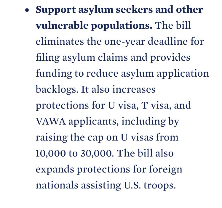 9/ Eliminate the one-year deadline for filing asylum applications & addressing asylum backlogs (a huge help for pro se asylum seekers). And increases the U visa cap from 10,000 to 30,000, addressing the near 10-yr backlog for U visa applicants.