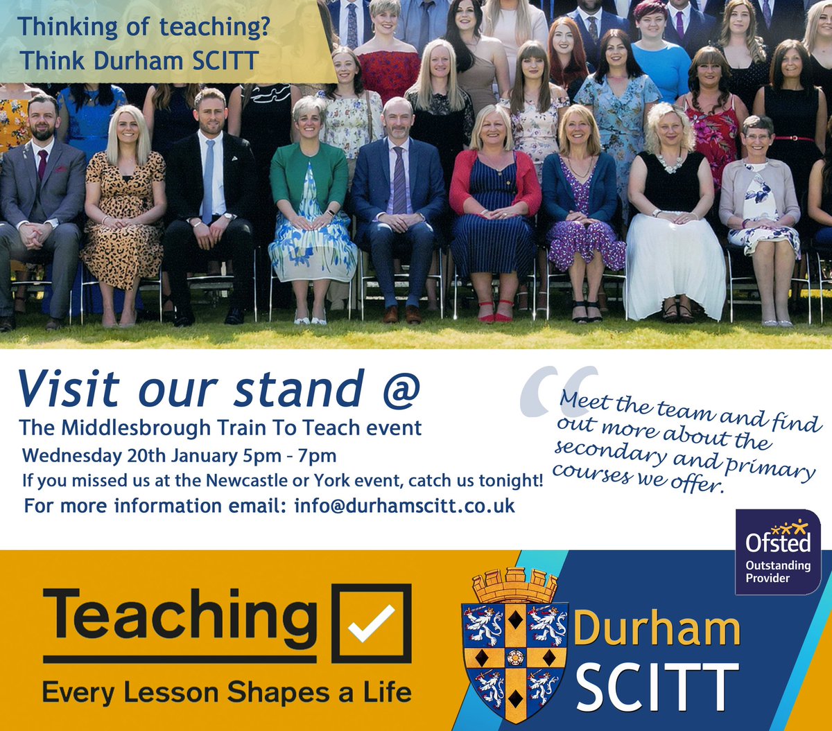 We are at the Middlesbrough virtual Train to Teach from 5pm tonight. Why not pop along (virtually) and find out more about Durham SCITT and training to teach. <a href="/getintoteaching/">Teaching</a> <a href="/PBTSAlliance/">PBTSA</a> <a href="/AcklamGrange/">Acklam Grange School</a> <a href="/St_Bedes/">St Bede's Lanchester</a>