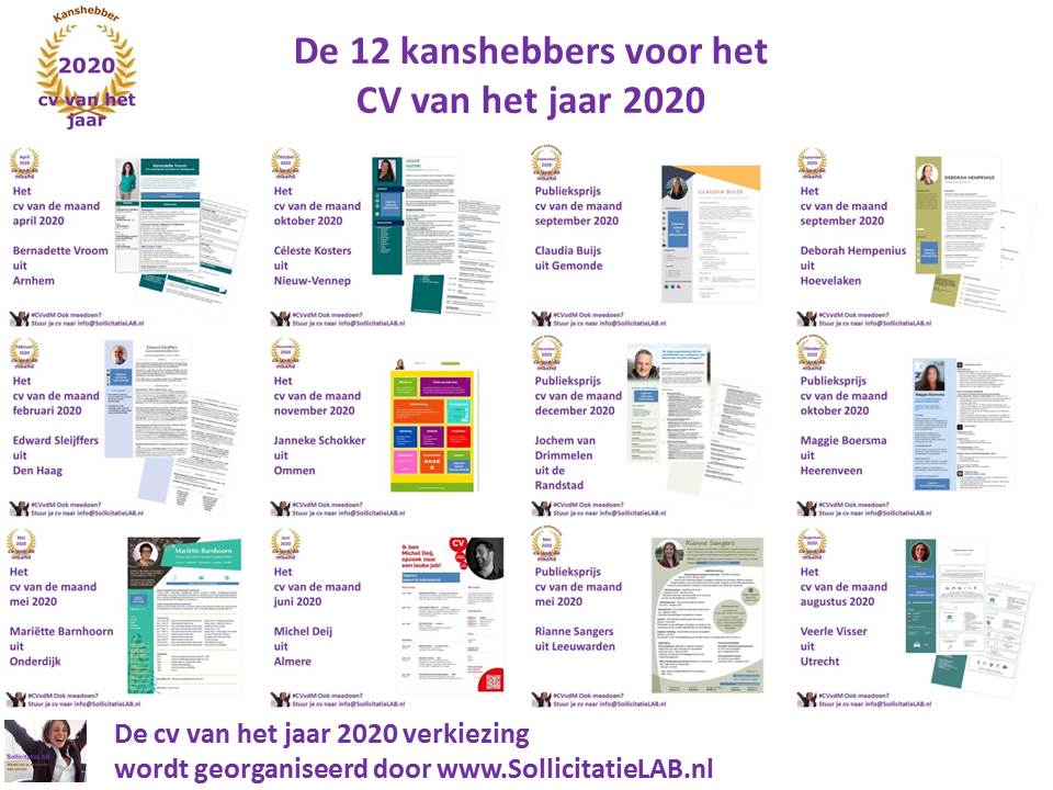 Tot `18 uur kan je stemmen voor HET CV VAN HET JAAR op de  cv's van
Bernadette Vroom
Céleste Kosters
Claudia Buijs
<a href="/DHempenius/">Deborah</a>
<a href="/esleijffers/">Edward Sleijffers</a> 
Janneke Schokker
<a href="/JochemOnline/">Jochem van Drimmelen</a> 
@MaggieBoersma 
Mariëtte Barnhoorn
<a href="/michel_deij/">Michel</a>
Rianne Sangers
Veerle Visser
sollicitatielab.nl/CV-van-het-jaa…
#CVvhJ
