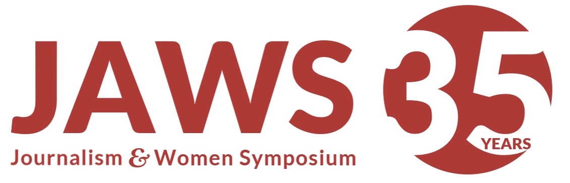 logo: JAWS 35 years, Journalism & Women Symposium in red font