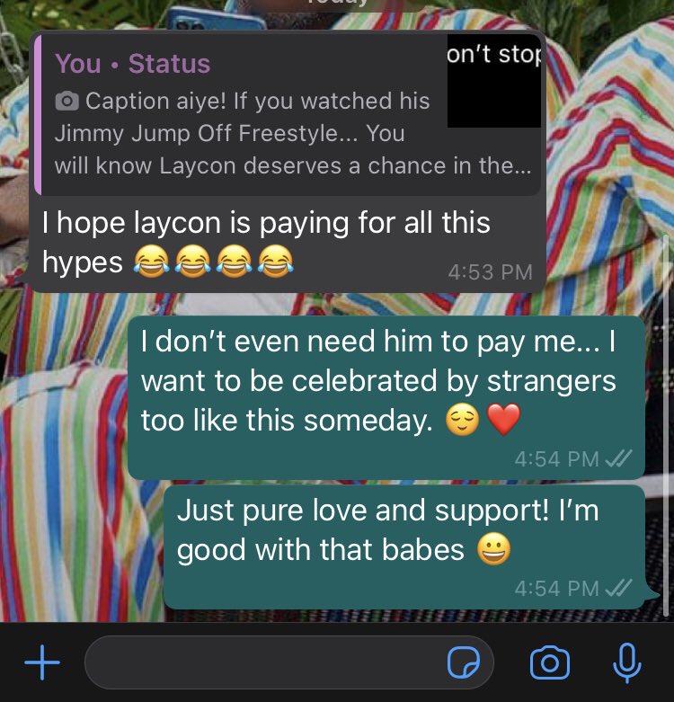 OldDolapo's tweet photo. Someone told me this on WhatsApp about @itsLaycon .... And i had to tell her this! #LayconJimmyJumpOff #LayconXJimmyJat πβ€οΈπ‘ https://t.co/4jlCiMJLFC