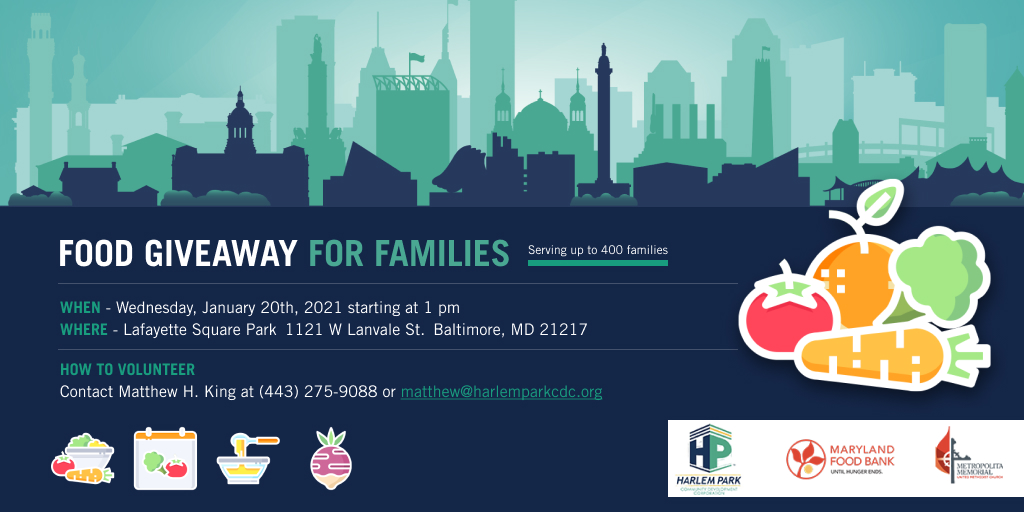 harlemparkcdc's tweet photo. UPDATE! The Food Giveaway in Lafayette Square Park has been cancelled today. Stay tuned for February’s food giveaway details - we will be back! #BaltimoreStrong #Foodgiveaway https://t.co/U01mqkpIUo