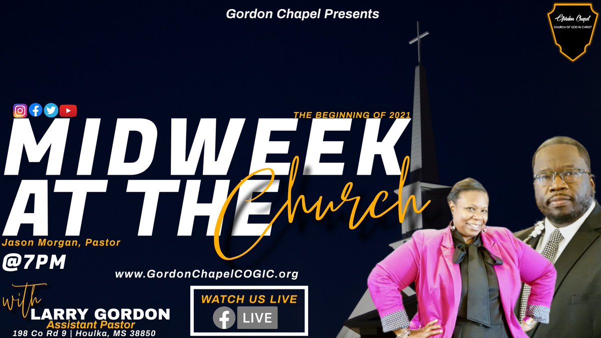 ChapelGordon's tweet photo. MIDWEEK AT THE CHAPEL | with Min. Larry Gordon 
TONIGHT!!! @7PM. Come out &amp; Join us IN PERSON or ONLINE on FACEBOOK 
We would love to see YOU &amp; your FAMILY tonight🙌🏽
Invite a FAMILY MEMBER or FRIENDS
#SocialDistanceTogether #gordonchapelchurch #chapelthing #chapelminded https://t.co/EP8UJ5ralC