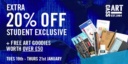 The <a href="/cassart1984/">Cass Art</a> Online Exclusive Student Event is live! Extra 20% off everything and a free goodie bag worth over £50 for students online from Tues 19th – Thurs 21st Jan! Terms and conditions apply* cassart.co.uk/students