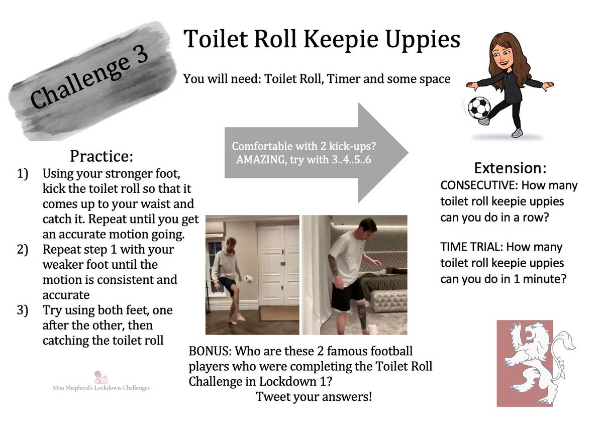 CromwellCCPE's tweet photo. Challenge 3. Toilet Roll Keepie Uppies🧻⚽️ Follow the practice points and then move onto the extension tasks. Have a go and let us know how you get on! #ChallengeAccepted #loveforsport #EduPE @Cromwell_CC https://t.co/p1gWnoTdqX