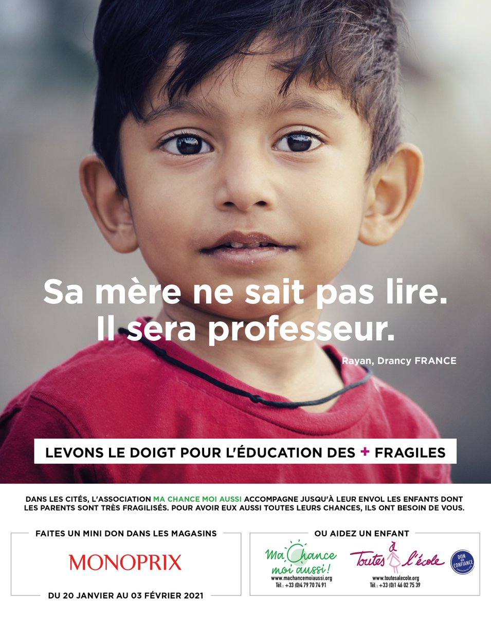 #SOLIDARITÉ Dès aujourd’hui jusqu’au 3 février prochain <a href="/Monoprix/">Monoprix</a>  relance en magasins notre campagne d’ARRONDI solidaire en caisse « Levons le doigt pour l’éducation des + fragiles » pour soutenir Toutes à l’école et <a href="/MCMA_Officiel/">Ma Chance Moi Aussi</a>