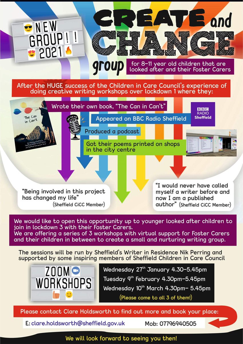 New online group for little ones 7-11. Workshops with the AMAZING author @nikperring so lucky! For little ones and their Foster Carer's NEXT week. Message clare.holdsworth@sheffield.gov.uk to book a spot and get the Zoom detials.