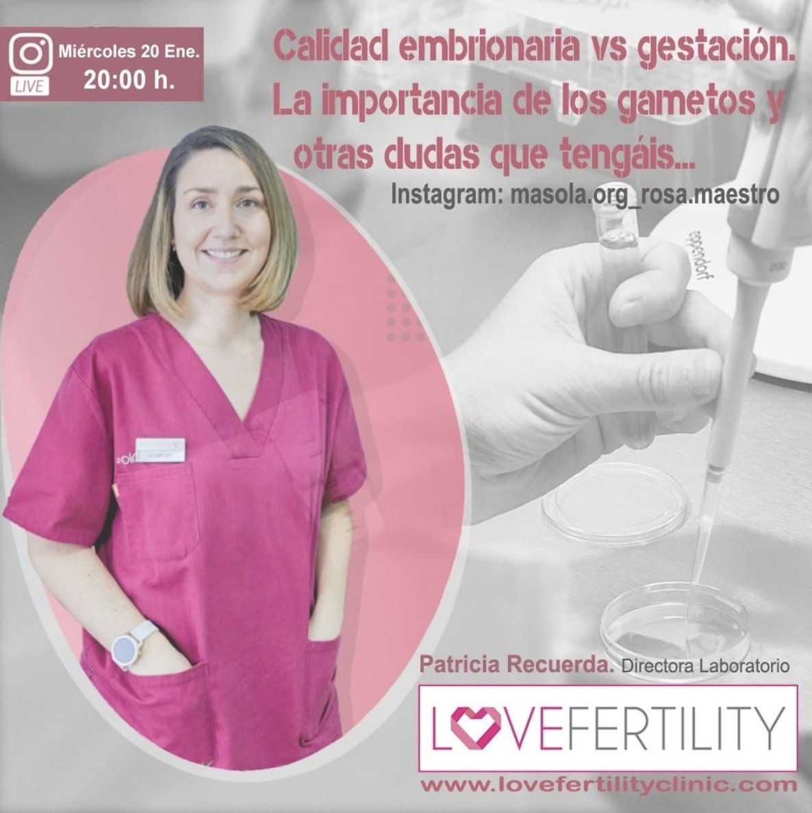 Esta tarde a las 20h no os perdáis el directo de Patricia Recuerda nuestra Directora de Laboratorio con <a href="/Masola_Org/">Masola-Rosa Maestro</a>.
Hablarán sobre  la importancia de la calidad de los gametos y la calidad embrionaria. Y resolverán todas las dudas que tengáis. 
Os esperamos ❤️
#fertilidad