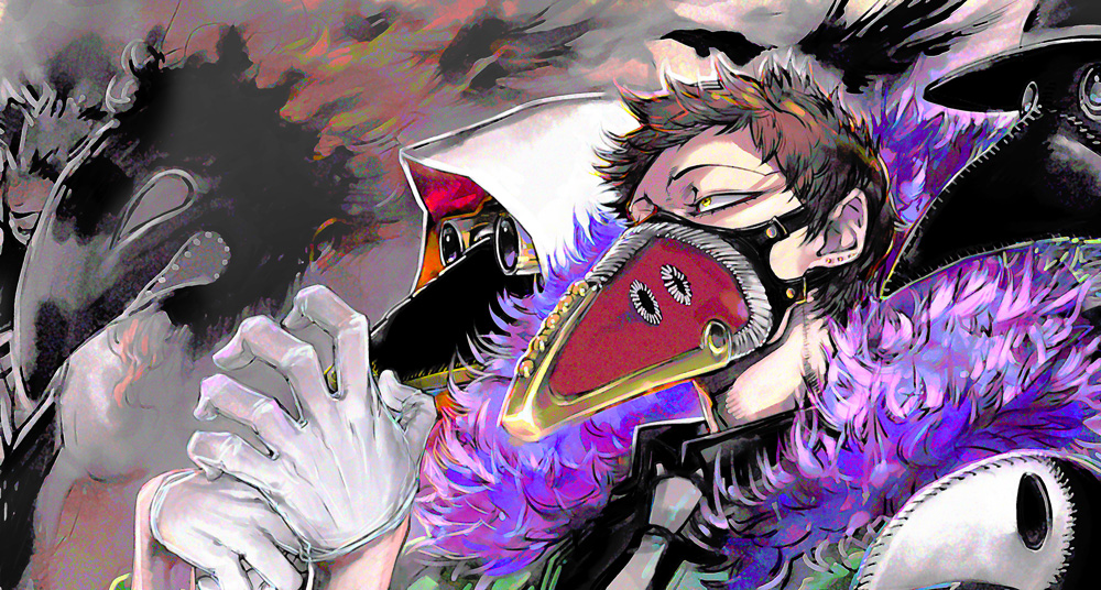 tomatotyphoon99's tweet photo. 新しいヘッダー用の加工トリミング前の元絵。正統派のオバホと八斎會🎱今だから不遜で綺麗な治崎が描きたかったんです🥺

乱波くんとクロノの間が空いちゃった。もう一人誰か入れればよかった https://t.co/nJlgrxTxSH