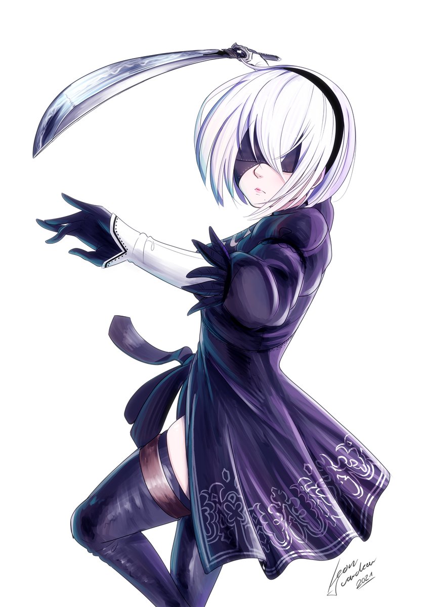 Ca1200S's tweet photo. Update. I totally forgot the pattern on her skirt. So here is the final version. #NieRAutomata #digitalart https://t.co/WCdrMWYn5O